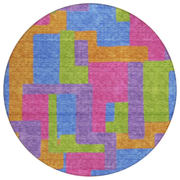 8' Purple Pink And Blue Round Abstract Washable Indoor Outdoor Area Rug