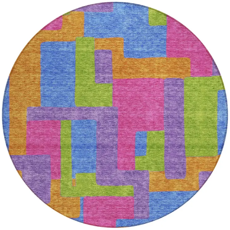8' Purple Pink And Blue Round Abstract Washable Indoor Outdoor Area Rug
