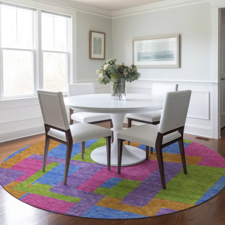 8' Purple Pink And Blue Round Abstract Washable Indoor Outdoor Area Rug