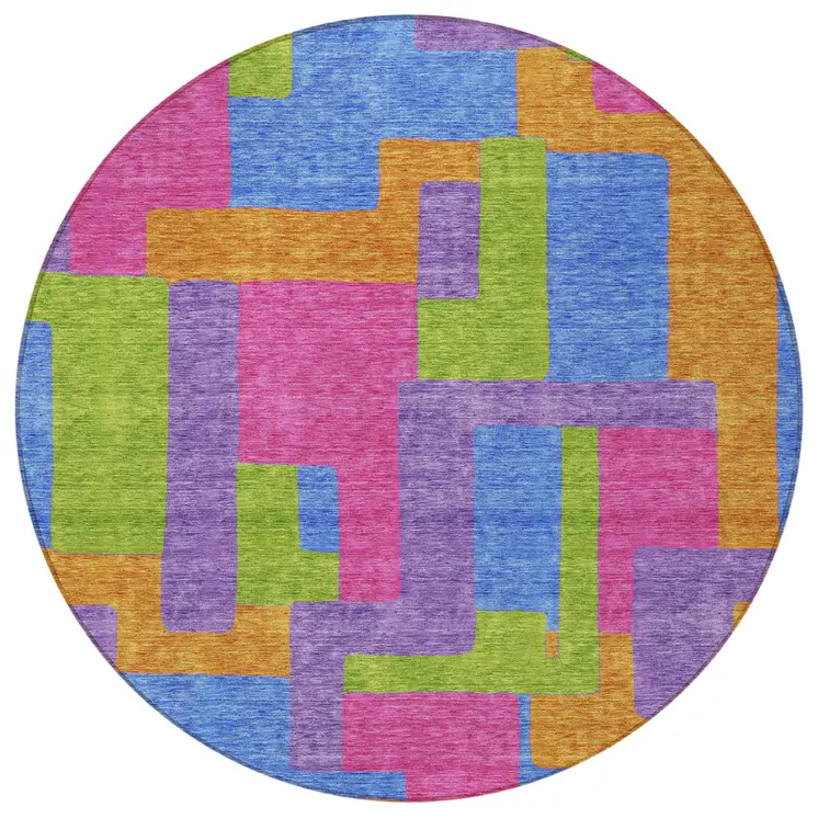 8' Purple Pink And Blue Round Abstract Washable Indoor Outdoor Area Rug