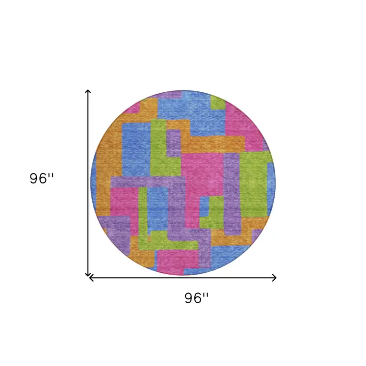 8' Purple Pink And Blue Round Abstract Washable Indoor Outdoor Area Rug