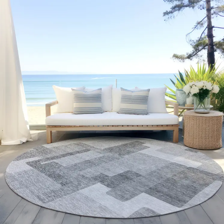 8' Silver And Charcoal Round Abstract Washable Indoor Outdoor Area Rug