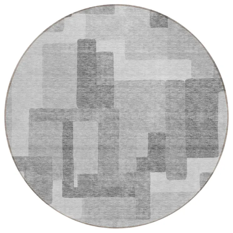 8' Silver And Charcoal Round Abstract Washable Indoor Outdoor Area Rug