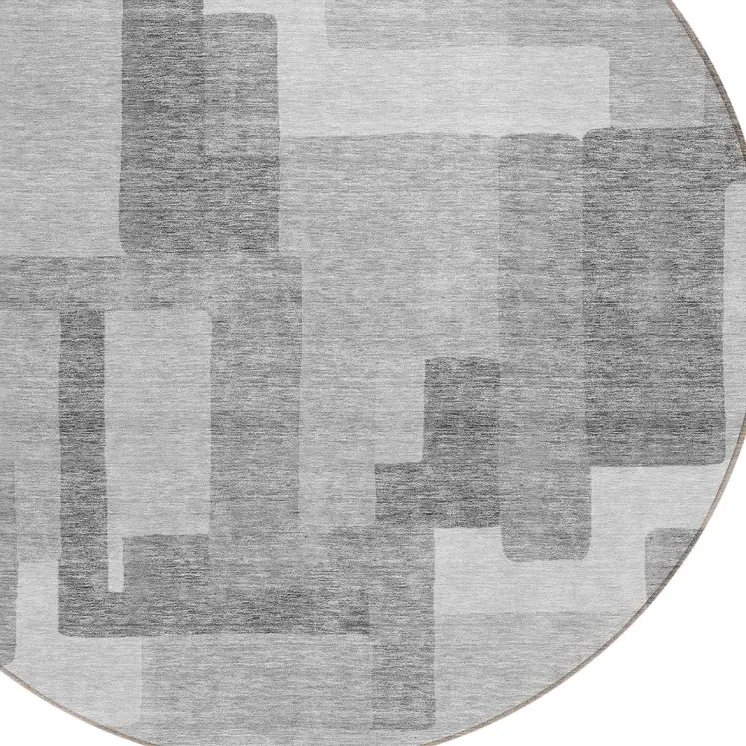 8' Silver And Charcoal Round Abstract Washable Indoor Outdoor Area Rug