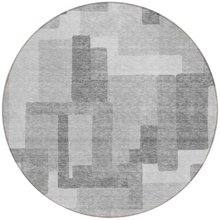 8' Silver And Charcoal Round Abstract Washable Indoor Outdoor Area Rug
