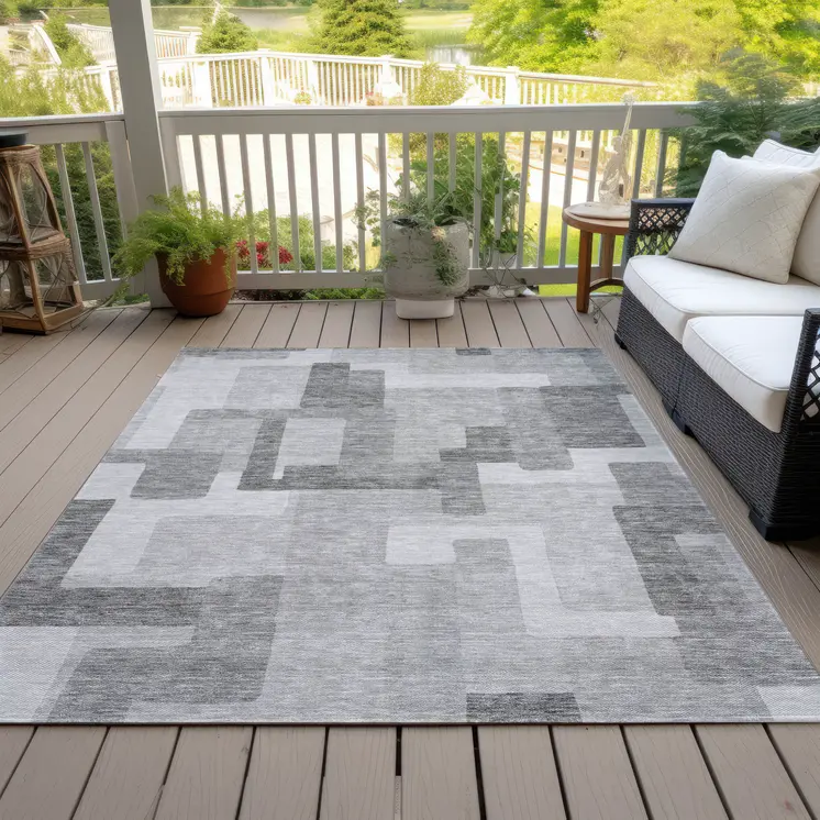 8' X 10' Silver And Charcoal Abstract Washable Indoor Outdoor Area Rug