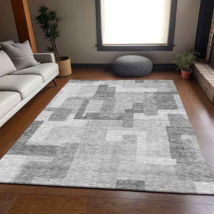 8' X 10' Silver And Charcoal Abstract Washable Indoor Outdoor Area Rug
