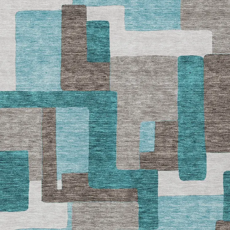 3' X 5' Teal Blue Aqua And Beige Abstract Washable Indoor Outdoor Area Rug