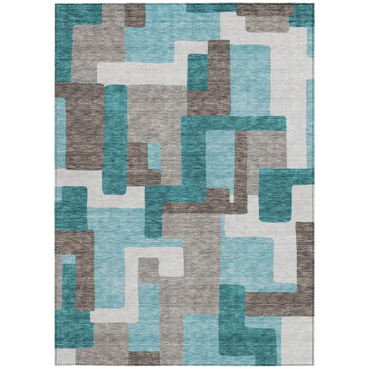 5' X 8' Teal Blue Aqua And Beige Abstract Washable Indoor Outdoor Area Rug