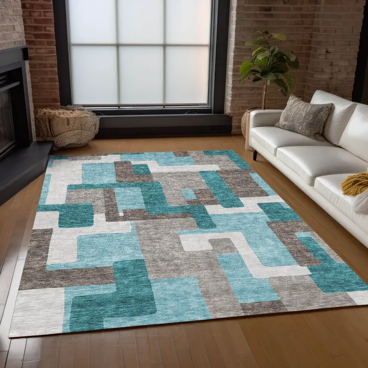 5' X 8' Teal Blue Aqua And Beige Abstract Washable Indoor Outdoor Area Rug