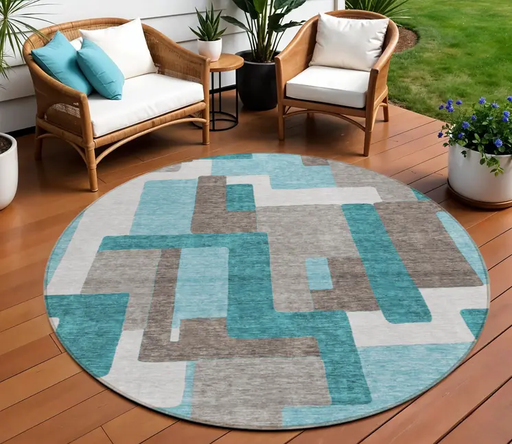 8' Teal Blue Aqua And Beige Round Abstract Washable Indoor Outdoor Area Rug