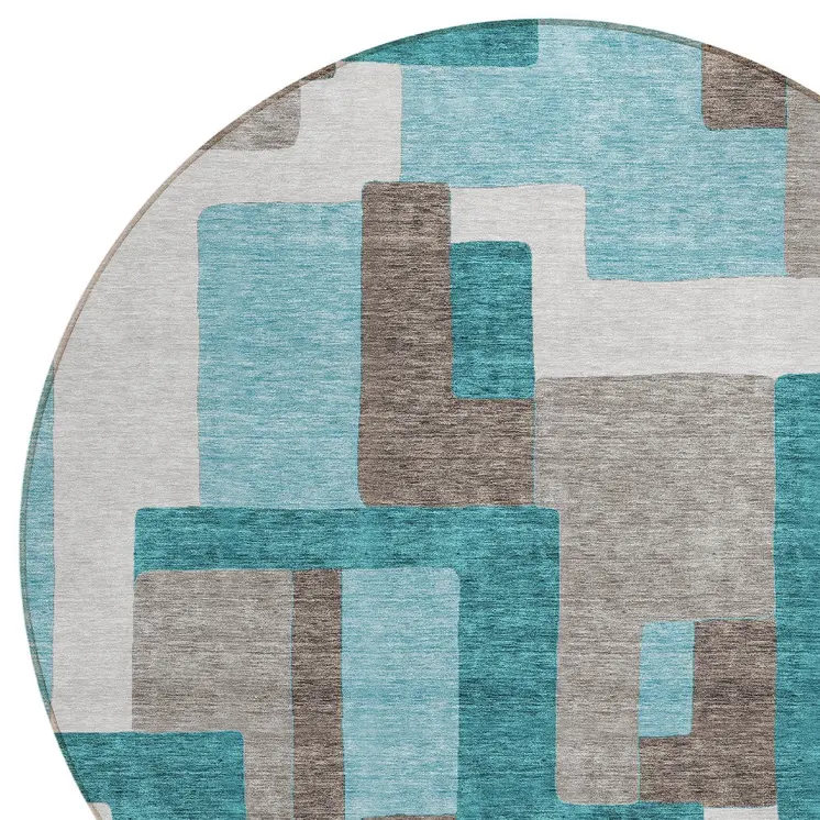 8' Teal Blue Aqua And Beige Round Abstract Washable Indoor Outdoor Area Rug