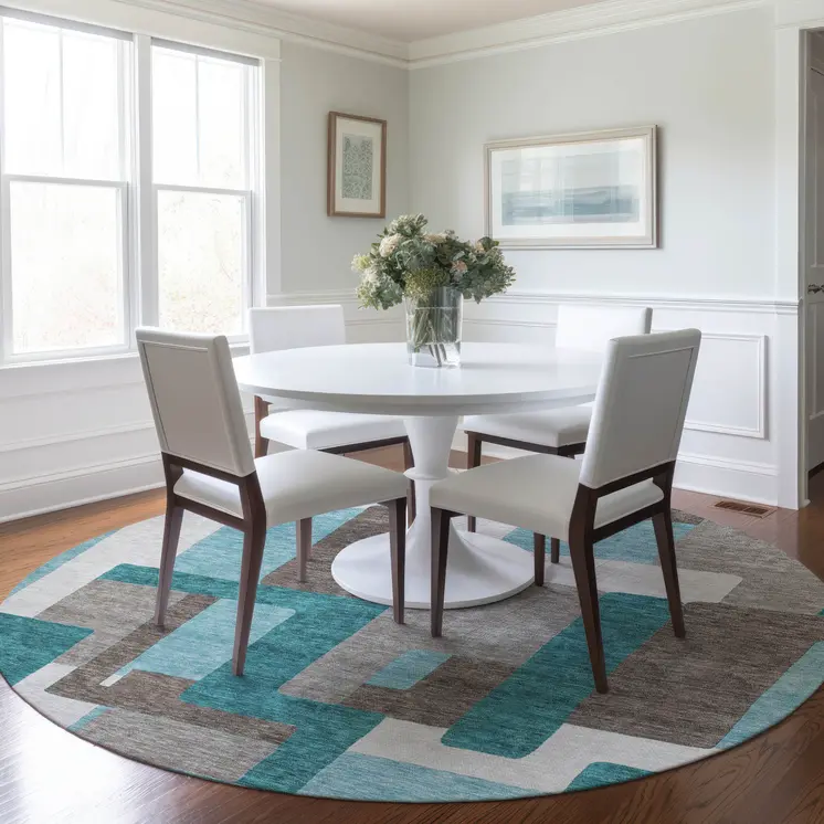 8' Teal Blue Aqua And Beige Round Abstract Washable Indoor Outdoor Area Rug