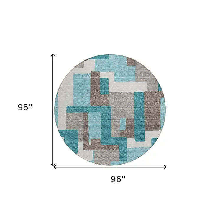 8' Teal Blue Aqua And Beige Round Abstract Washable Indoor Outdoor Area Rug