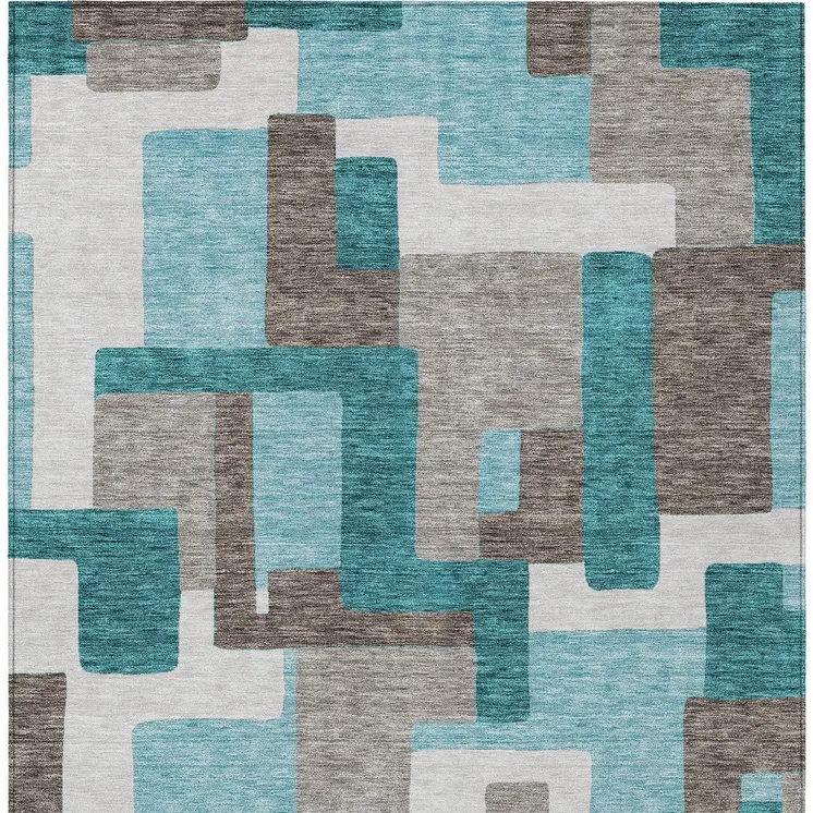 10' X 14' Teal Blue Aqua And Beige Abstract Washable Indoor Outdoor Area Rug