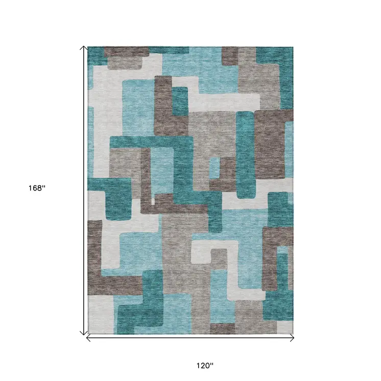 10' X 14' Teal Blue Aqua And Beige Abstract Washable Indoor Outdoor Area Rug