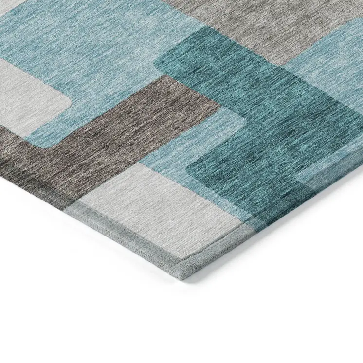10' X 14' Teal Blue Aqua And Beige Abstract Washable Indoor Outdoor Area Rug