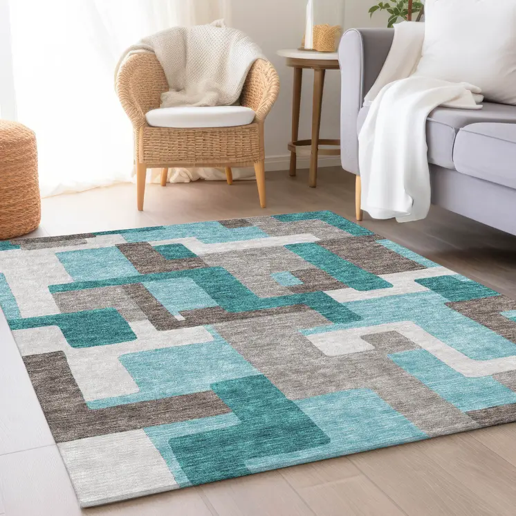 10' X 14' Teal Blue Aqua And Beige Abstract Washable Indoor Outdoor Area Rug