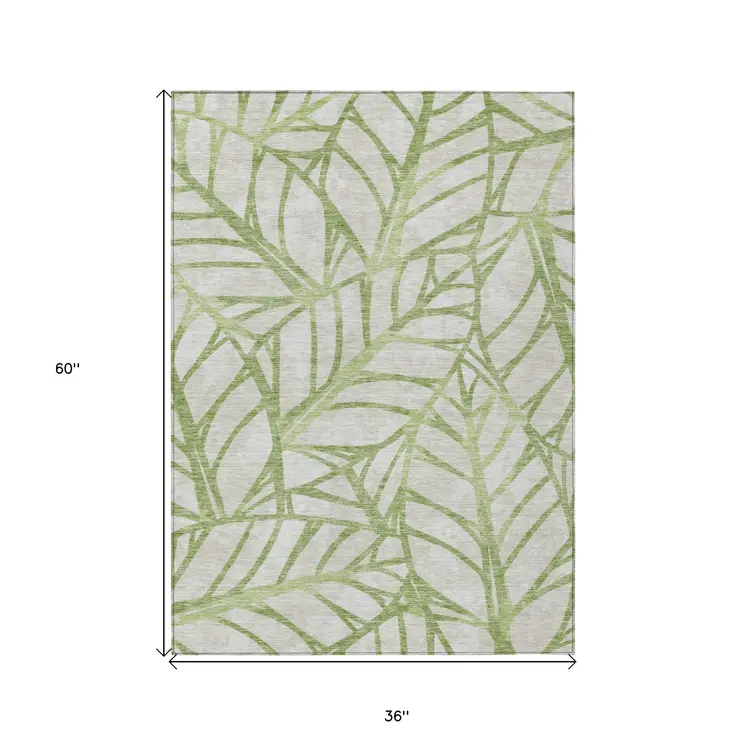 3' X 5' Artichoke Green And Beige Floral Washable Indoor Outdoor Area Rug