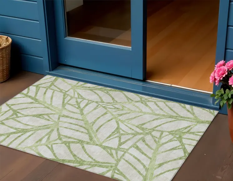 3' X 5' Artichoke Green And Beige Floral Washable Indoor Outdoor Area Rug