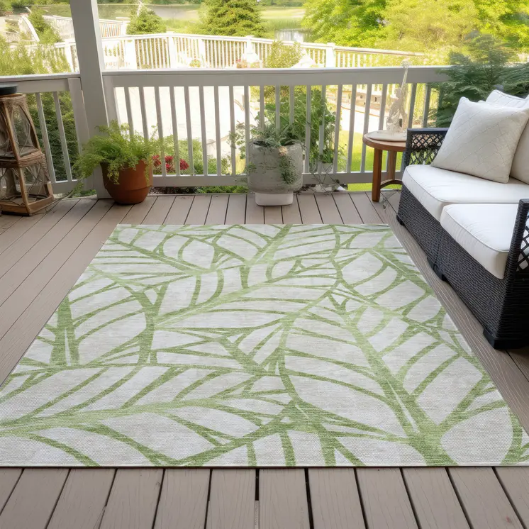 3' X 5' Artichoke Green And Beige Floral Washable Indoor Outdoor Area Rug