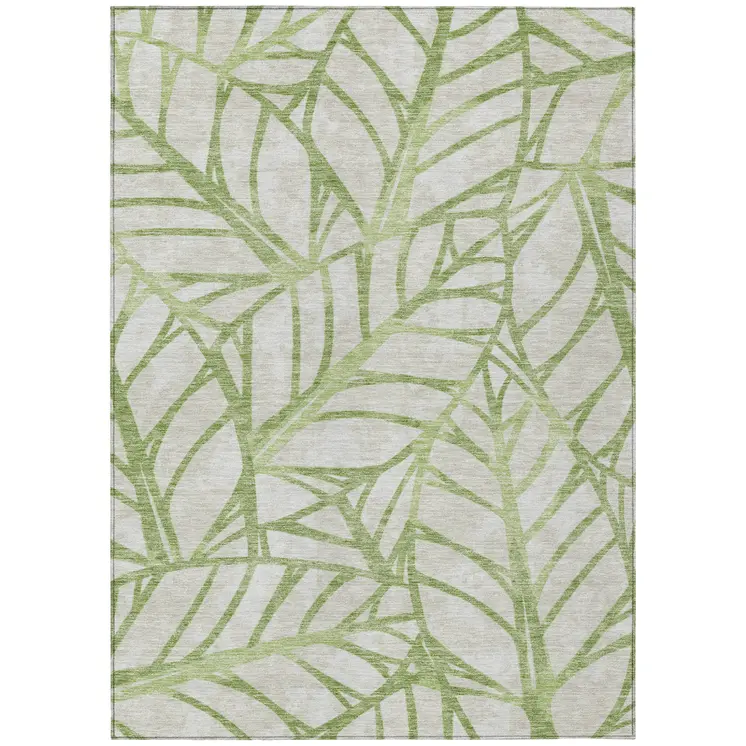 3' X 5' Artichoke Green And Beige Floral Washable Indoor Outdoor Area Rug