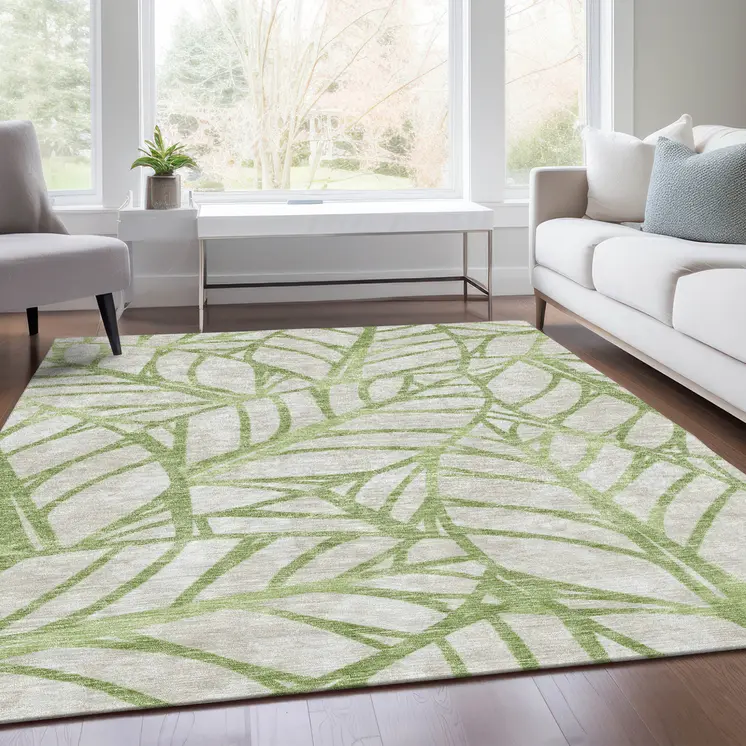 3' X 5' Artichoke Green And Beige Floral Washable Indoor Outdoor Area Rug