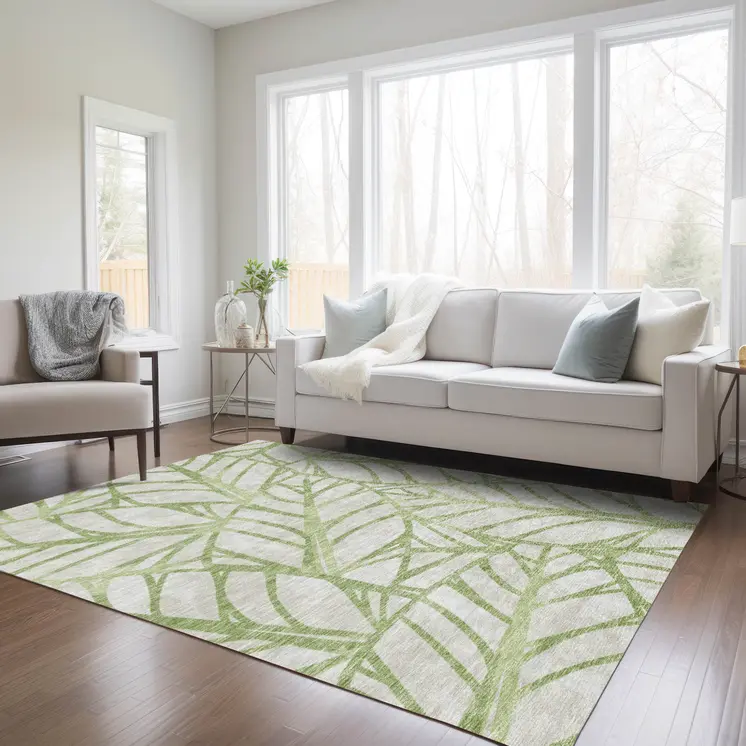 3' X 5' Artichoke Green And Beige Floral Washable Indoor Outdoor Area Rug
