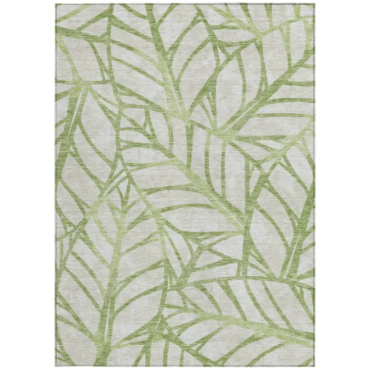 5' X 8' Artichoke Green And Beige Floral Washable Indoor Outdoor Area Rug