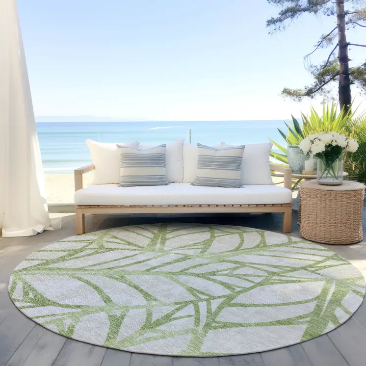 8' Artichoke Green And Beige Round Floral Washable Indoor Outdoor Area Rug