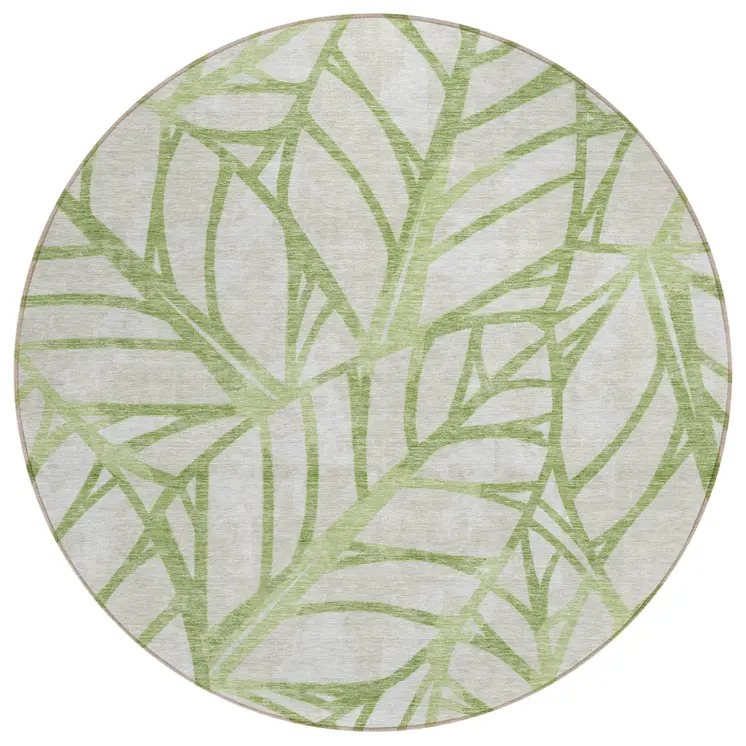 8' Artichoke Green And Beige Round Floral Washable Indoor Outdoor Area Rug