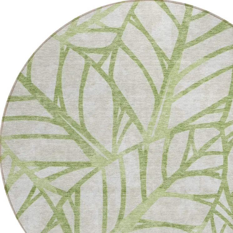 8' Artichoke Green And Beige Round Floral Washable Indoor Outdoor Area Rug