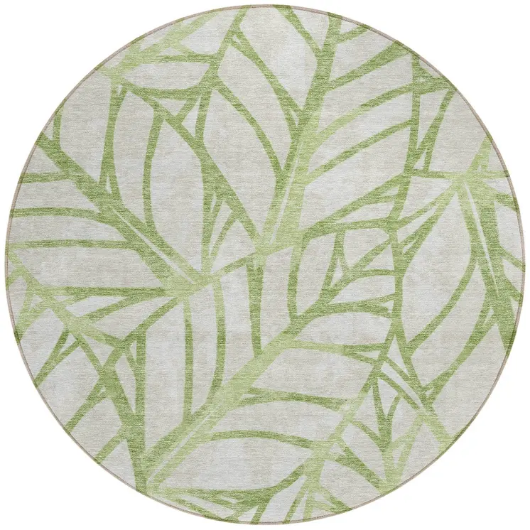 8' Artichoke Green And Beige Round Floral Washable Indoor Outdoor Area Rug