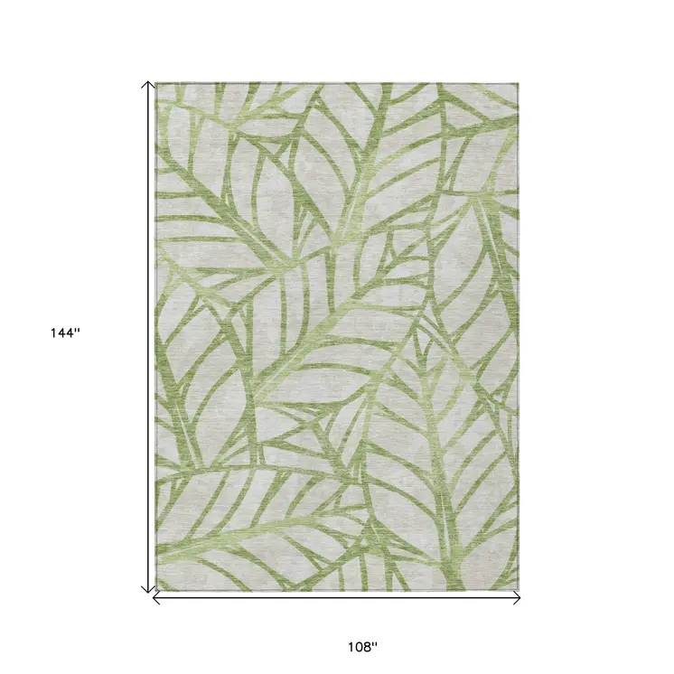 9' X 12' Artichoke Green And Beige Floral Washable Indoor Outdoor Area Rug