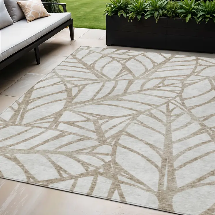 5' X 8' Beige And Brown Floral Washable Indoor Outdoor Area Rug