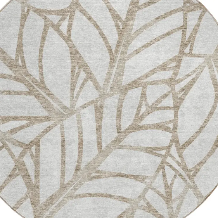 8' Beige And Brown Round Floral Washable Indoor Outdoor Area Rug