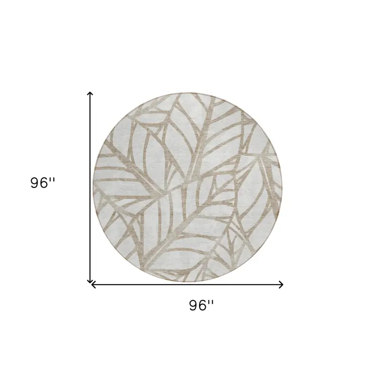 8' Beige And Brown Round Floral Washable Indoor Outdoor Area Rug