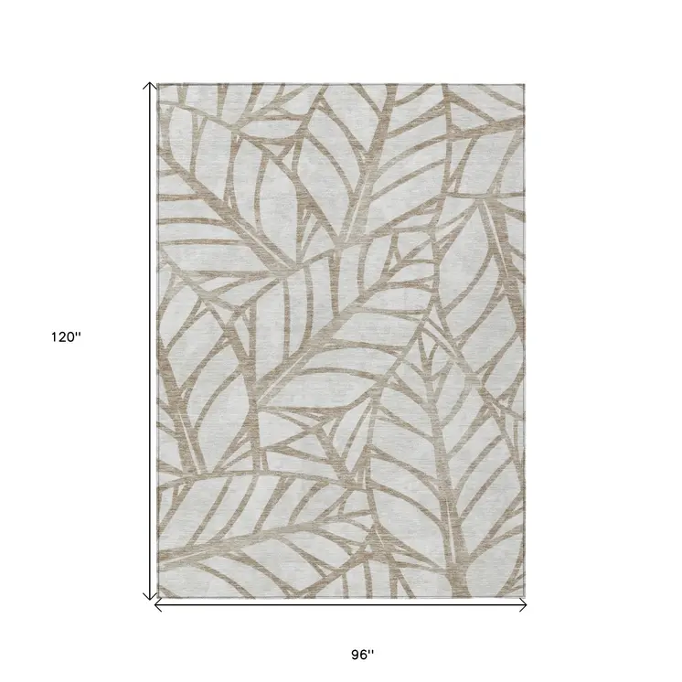 8' X 10' Beige And Brown Floral Washable Indoor Outdoor Area Rug