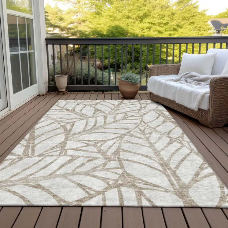 8' X 10' Beige And Brown Floral Washable Indoor Outdoor Area Rug