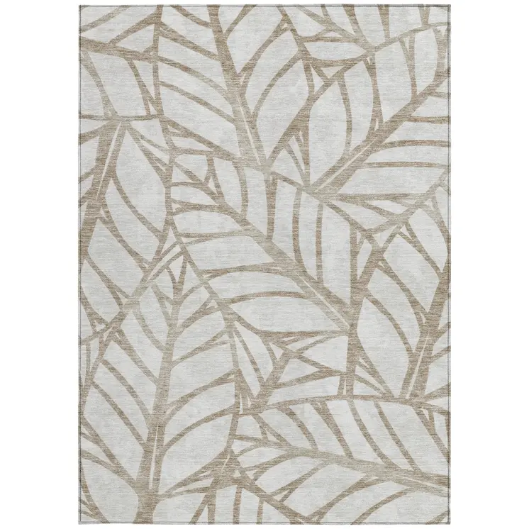 10' X 14' Beige And Brown Floral Washable Indoor Outdoor Area Rug