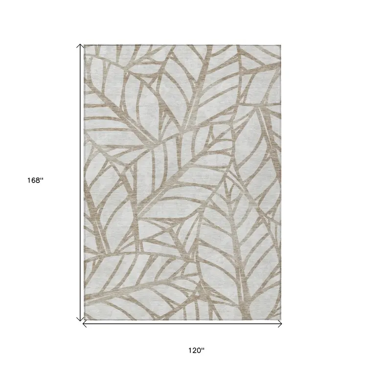 10' X 14' Beige And Brown Floral Washable Indoor Outdoor Area Rug
