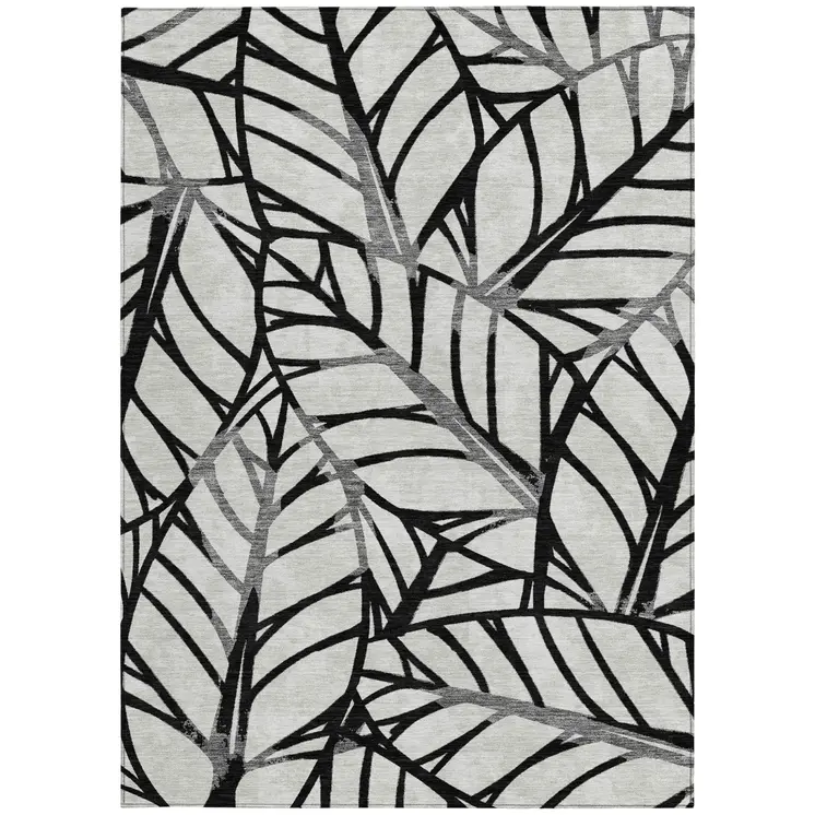 5' X 8' Black Gray And Beige Floral Washable Indoor Outdoor Area Rug