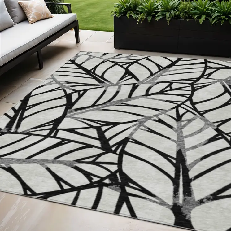 5' X 8' Black Gray And Beige Floral Washable Indoor Outdoor Area Rug