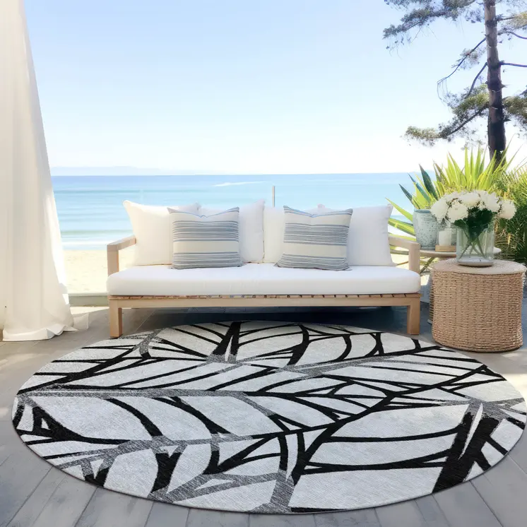8' Black Gray And Beige Round Floral Washable Indoor Outdoor Area Rug