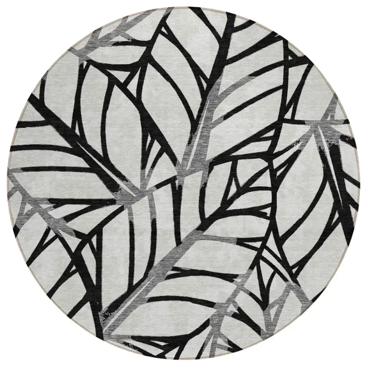 8' Black Gray And Beige Round Floral Washable Indoor Outdoor Area Rug
