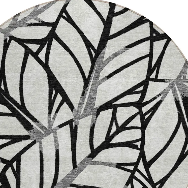 8' Black Gray And Beige Round Floral Washable Indoor Outdoor Area Rug