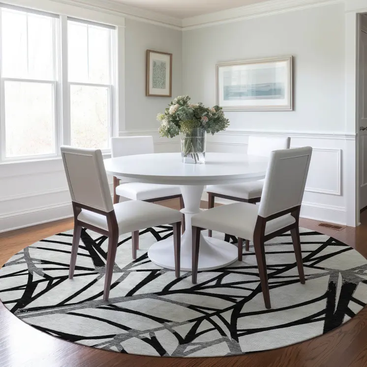 8' Black Gray And Beige Round Floral Washable Indoor Outdoor Area Rug