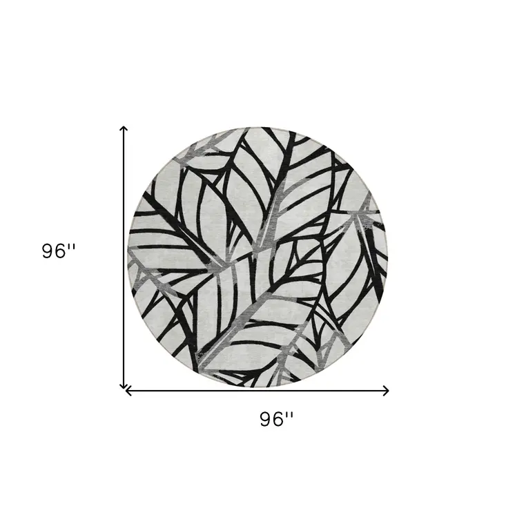 8' Black Gray And Beige Round Floral Washable Indoor Outdoor Area Rug