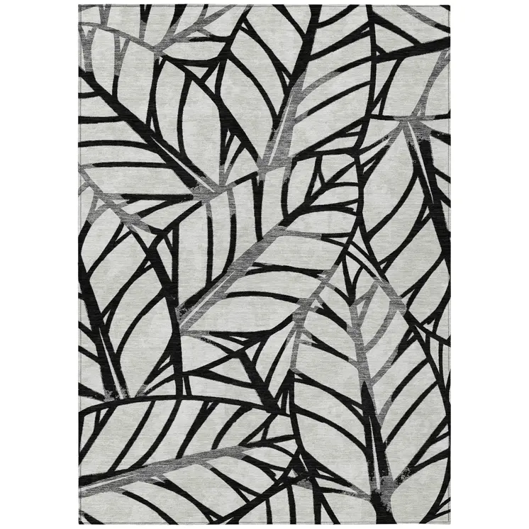 8' X 10' Black Gray And Beige Floral Washable Indoor Outdoor Area Rug