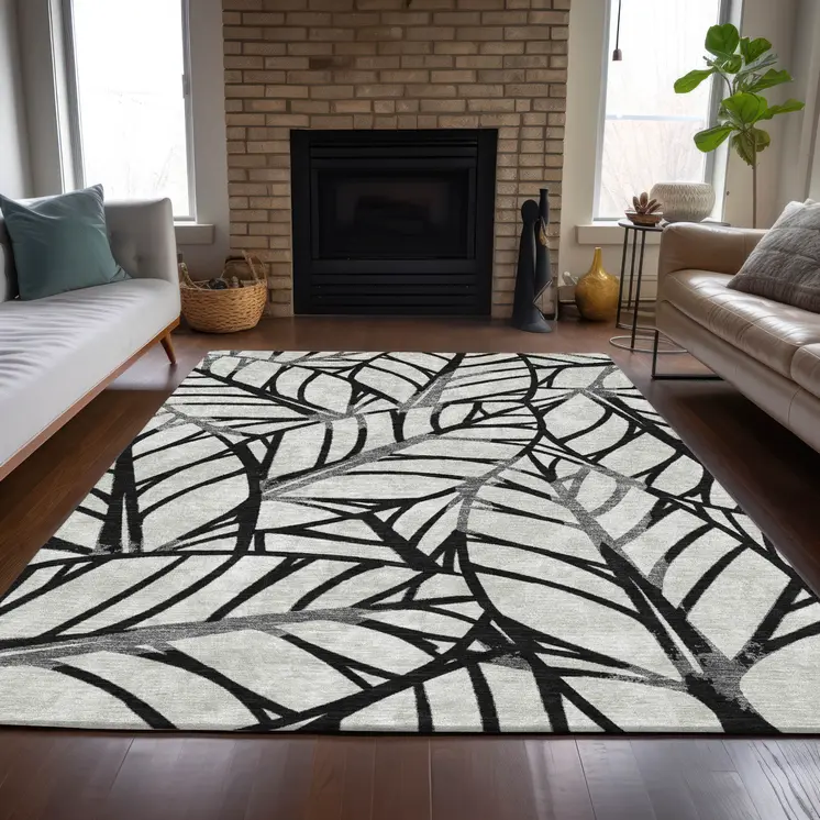 8' X 10' Black Gray And Beige Floral Washable Indoor Outdoor Area Rug